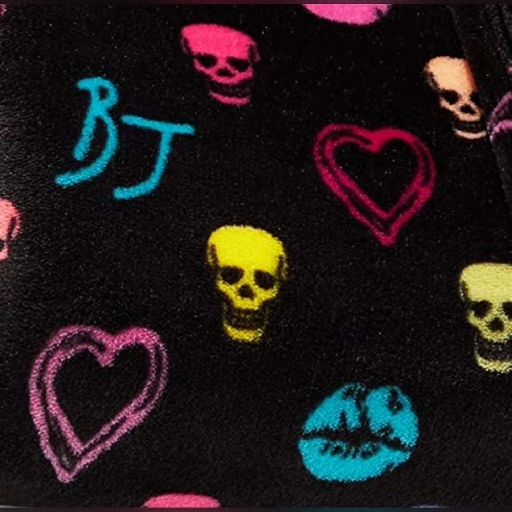 Betsey Johnson Black Throw Blanket with Colorful Skulls and Hearts. New!